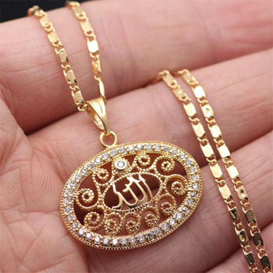 18k gold plated chain Allah Muslim m crystal sun oval Islam