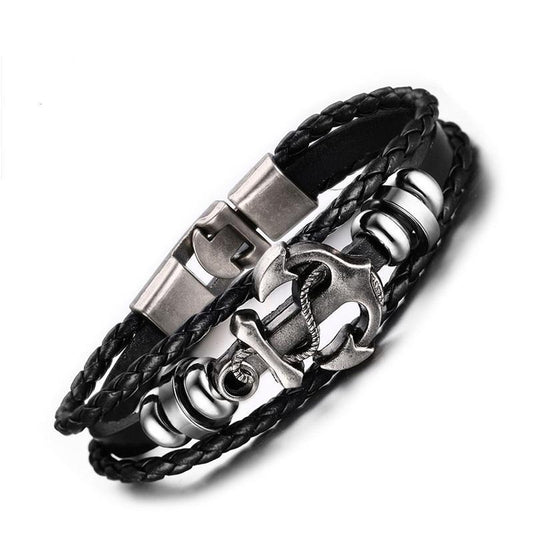 Bracelet for men braided leather anchor handmade silver