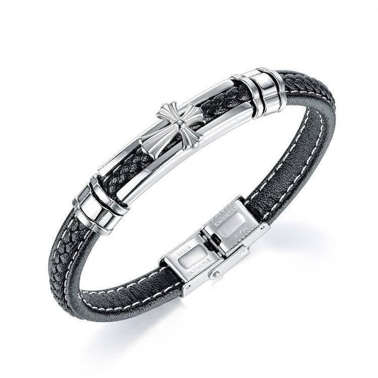 Armband i veganskt läder & retro-kors m detaljer i rostfritt stål