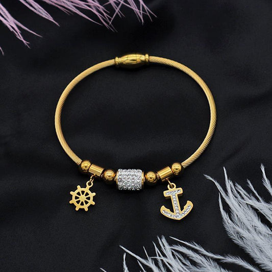 Bracelet with anchor charms and rhinestones - gold plated gift