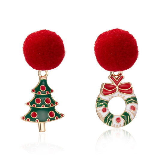 Asymmetric earrings with pom pom Christmas tree Christmas wreath