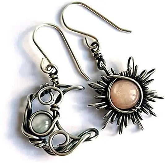 Bohemian earrings with asymmetric pendants moon sun