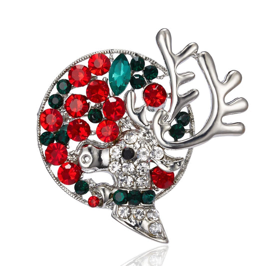 Brooch with a reindeer with horns in the moonlight rhinestone silver