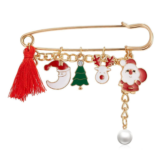 Brooch as a safety pin with Santa Claus, Christmas tree & snowman