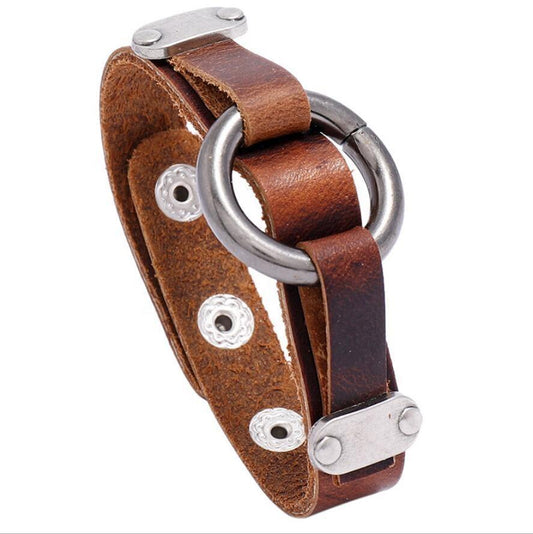 Brown bracelet for men genuine leather with metal ring durable