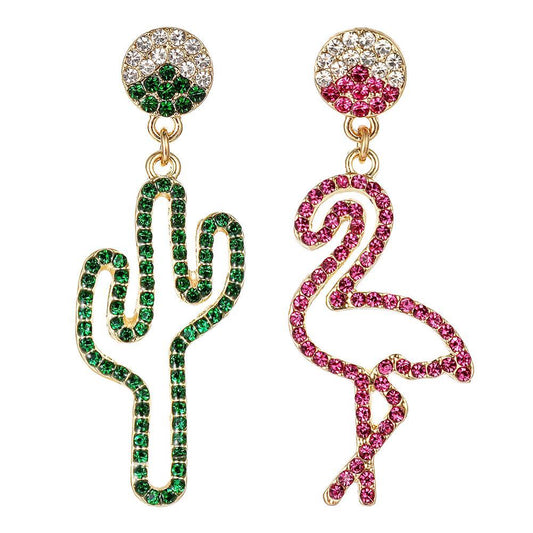 Cool earrings with 1 flamingo and 1 cactus