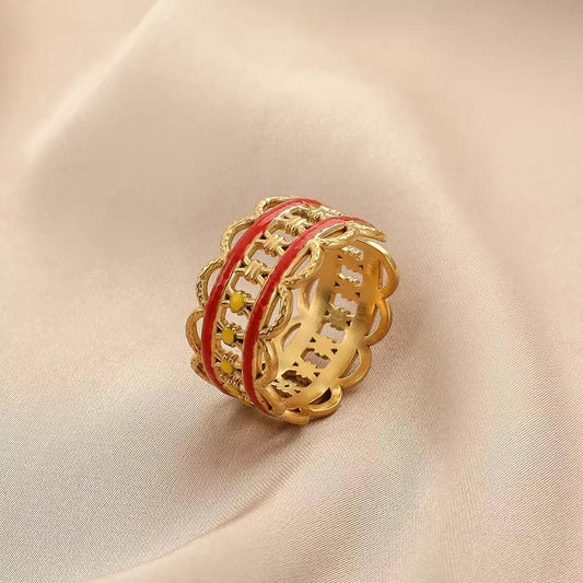 Unique ring cut out pattern with blue or red steel detail