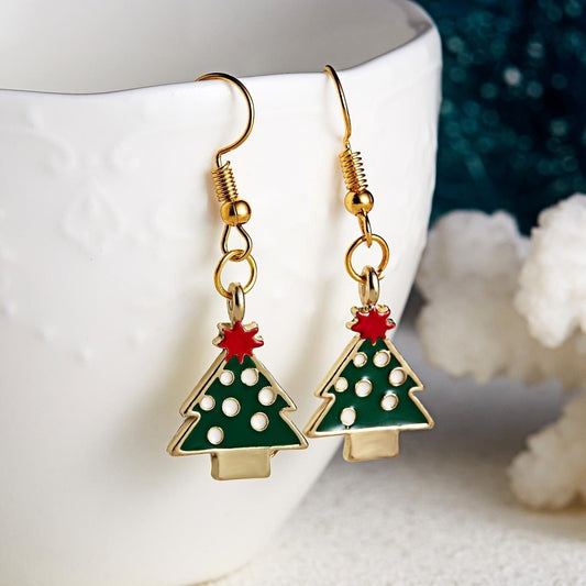Festive earrings with Christmas tree and red star white balls