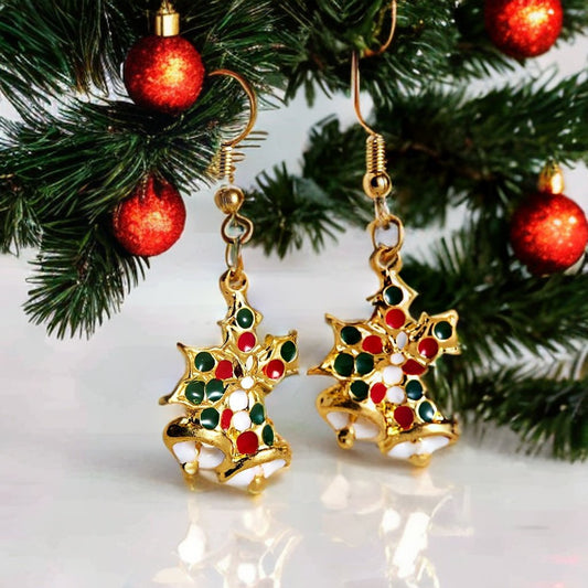 Festive earrings with red and green bells bells