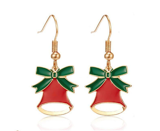 Festive earrings with red bell and green bow