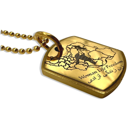 Gilded tray Iran ''woman life freedom'' woman throws veil