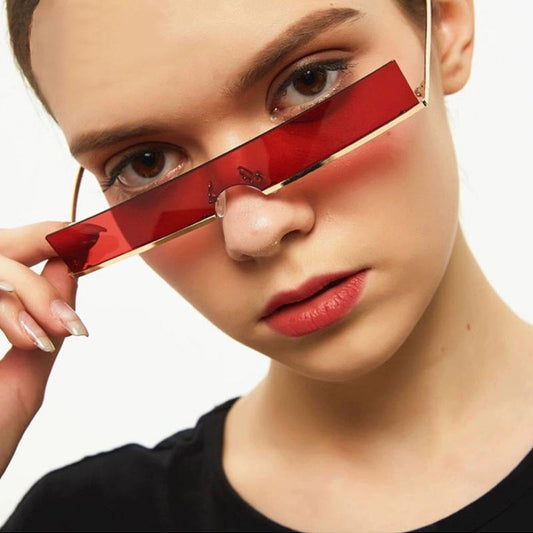 Futuristic slim sunglasses red black metal frame