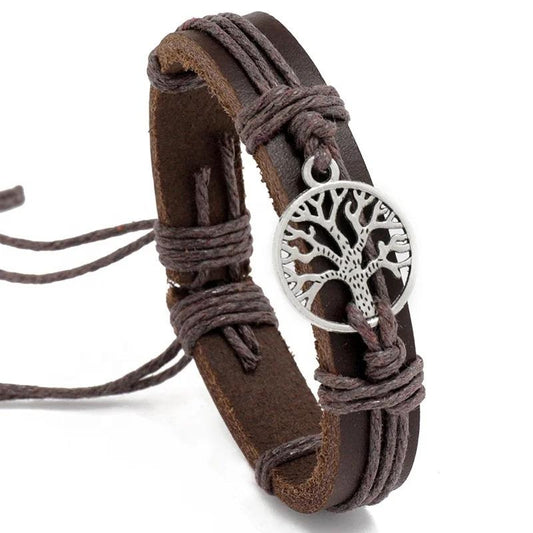 Genuint läder justerbart brunt armband för män - med träd
