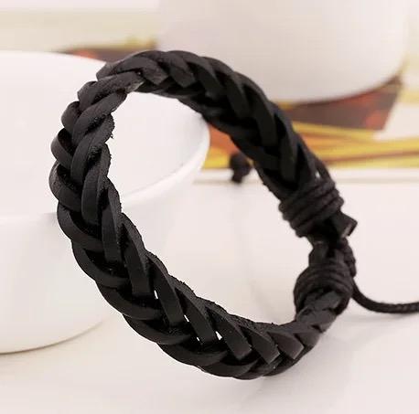 Genuine Leather Adjustable Black Bracelet For Men - Braided