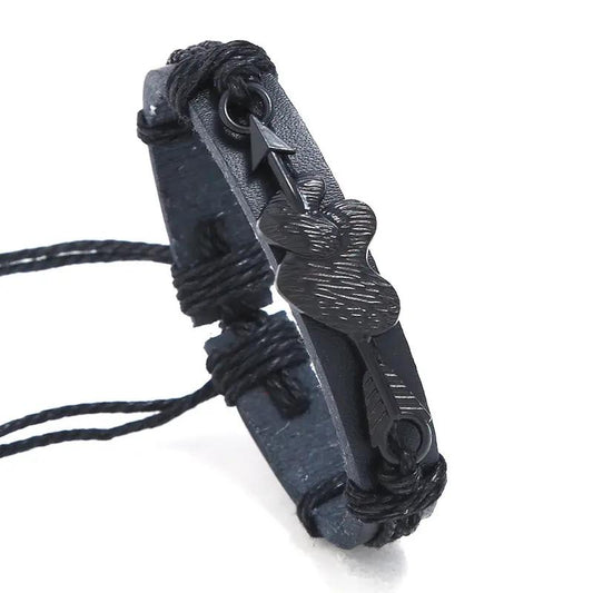 Genuint läder justerbart svart armband med dubbelhjärta gåva till män