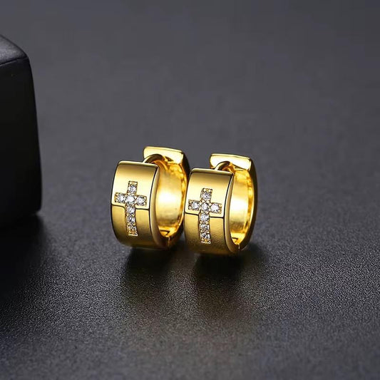 Gold-plated earrings small rings with Christian cross rhinestones