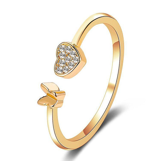 Gold plated ring with heart and butterfly adjustable fits everyone