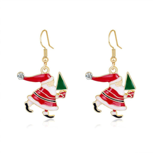 Gold-plated earring with Santa Claus running Christmas tree