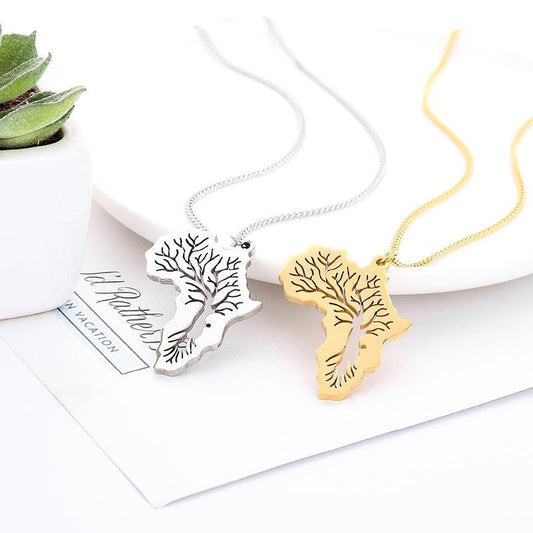 Necklace map of Africa and tree of life gold silver