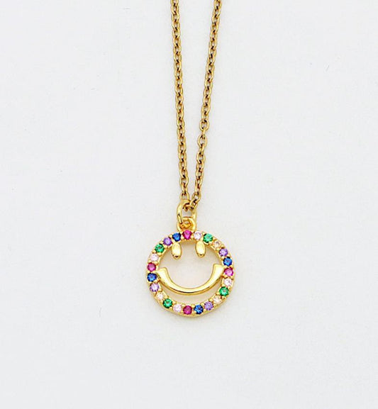 Necklace with happy smiley colorful stones and rhinestone long chain
