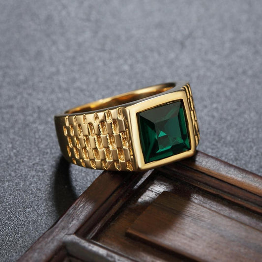 Handgjord ring med stor grön gul kristall för män i 18K guld