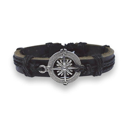Handmade bracelet in authentic leather brown compass men metal