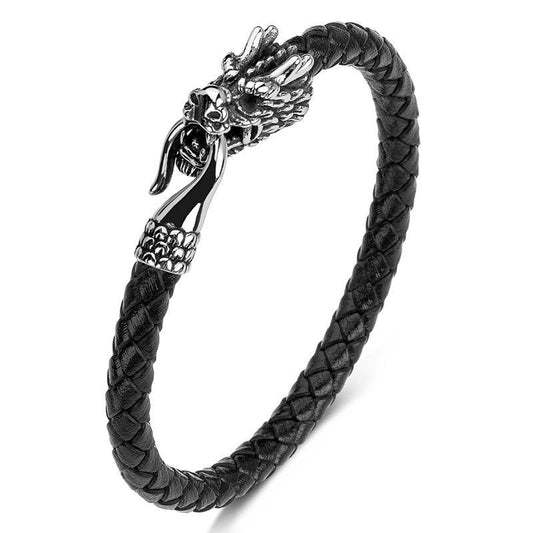Handgjort armband med drake i silver äkta läder i svart