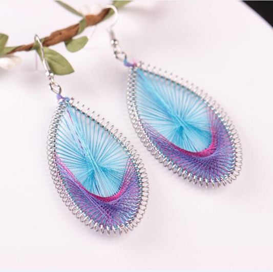 Handmade exotic earring with silk threads blue pink