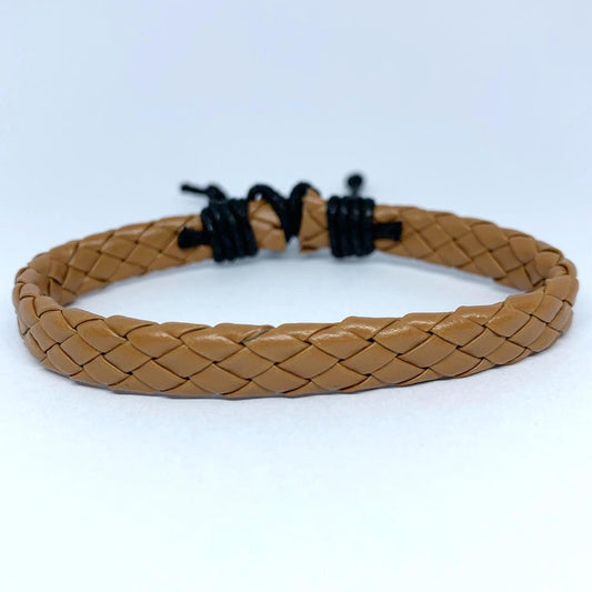 Handmade braided bracelet beige leather and black string
