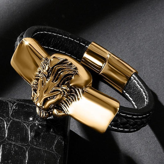 Handmade braided bracelet genuine leather with large lion 18K gold