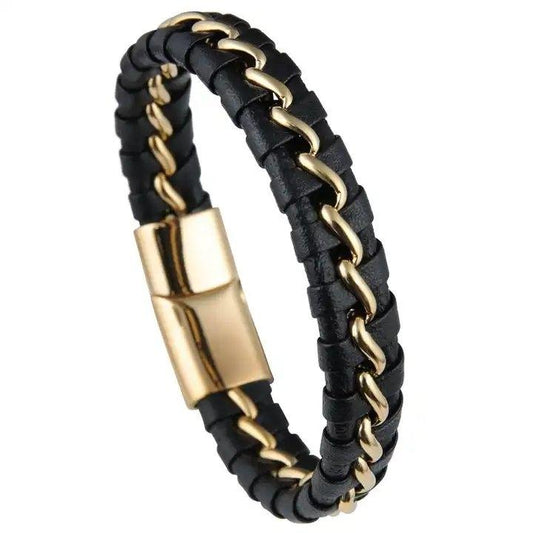 Handmade Braided Leather Bracelet for Men with Stainless Steel Magnetic Clasp - Black with Gold Details