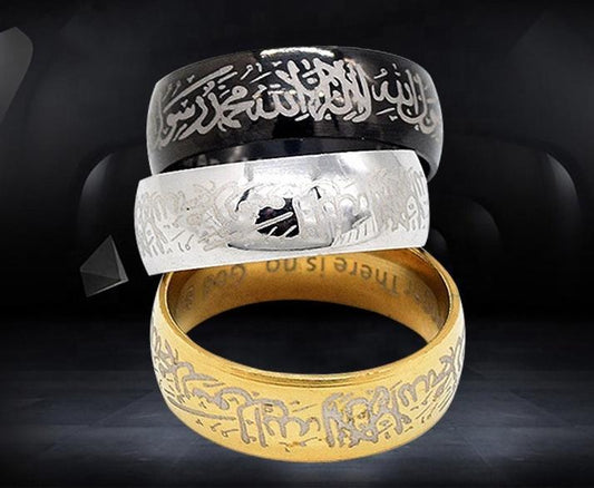 Islamic ring in steel with kalima muslim black, silver, gold, blue