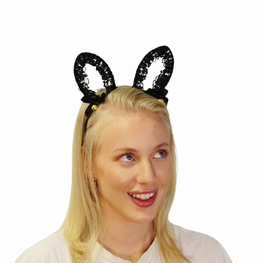 Kaninöron i spets för utklädning flörtigt diadem rollspel fest halloween bjällra