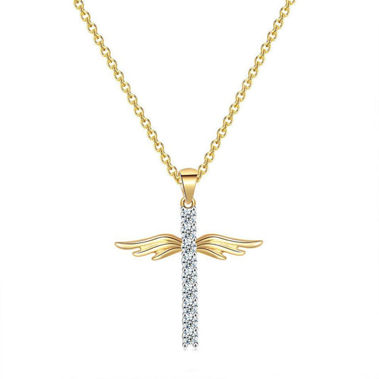 Cross with angel wings in gold with gold plating and zircon