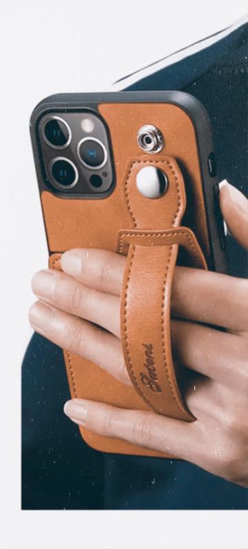 Läder plånboksskal ‘iPhone 14 Plus‘ med rem för bra grepp