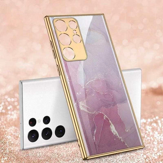 Lyxigt Samsung S22, Plus & Ultra skal rosa marmor mönster guld