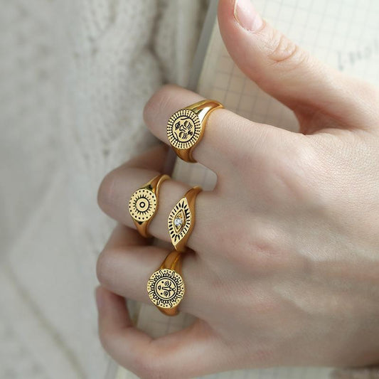 Ring with evil eye nazar boho aesthetic gold sun motif