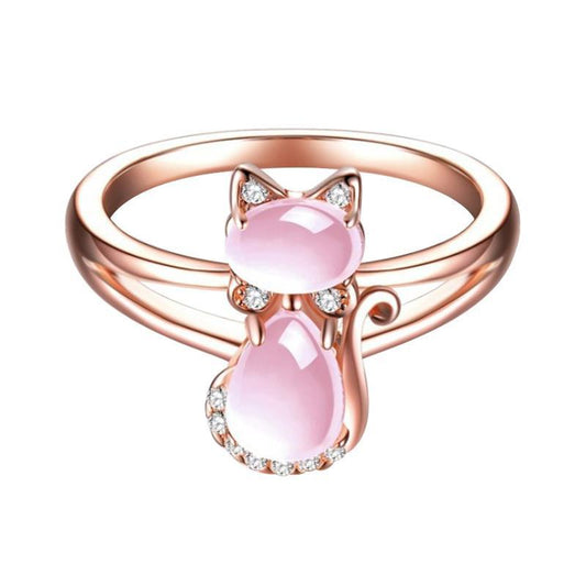 Pink ring with cat motif in rhinestones and stones rose gold cat