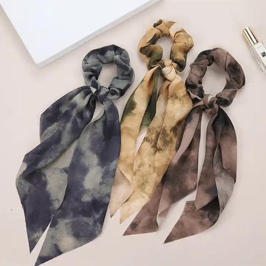 SET 3 STK Scrunchie rosett kamouflage elastisk tofs vintage