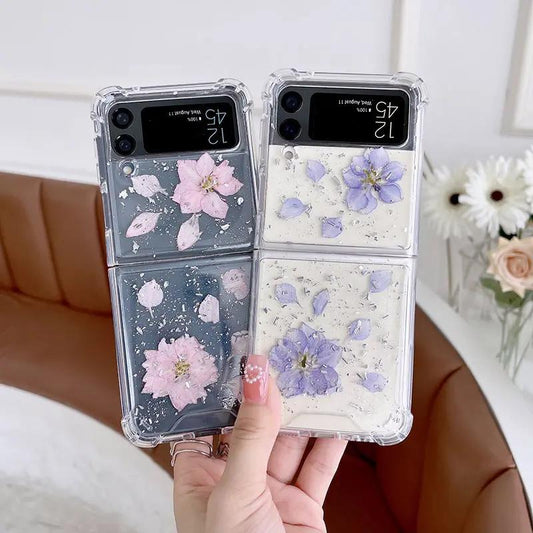 Samsung Galaxy Z FLIP 3 - transparent skal med torkade blommor och glitter