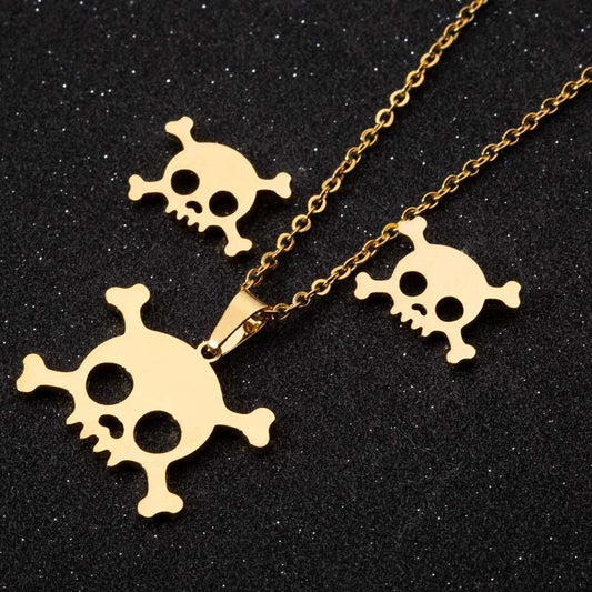 Set with earrings & necklace gold-plated skull