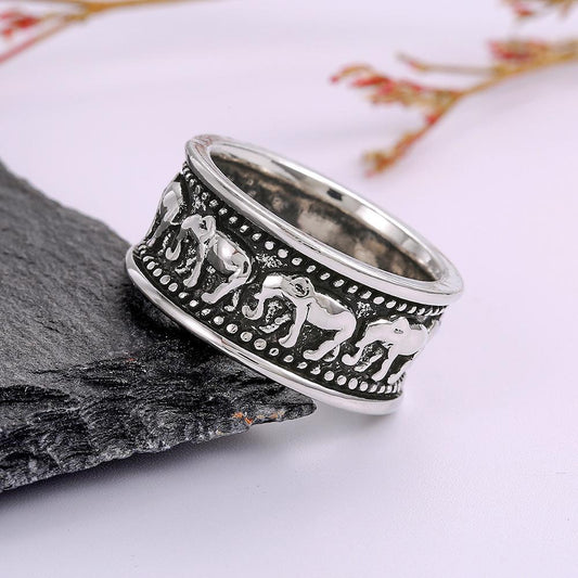 Silver Plated Ring with Elephants for Men