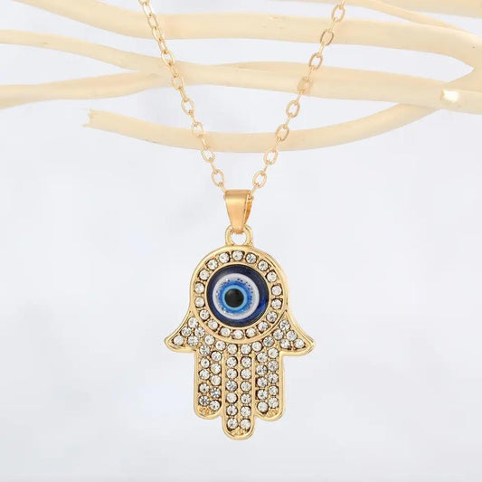 Embellished Hand of Fatima Necklace with Evil Eye - Symbolic Protection and Glamour