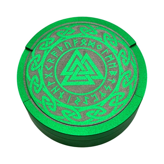 Snuff box in green aluminum with Valknut viking symbol