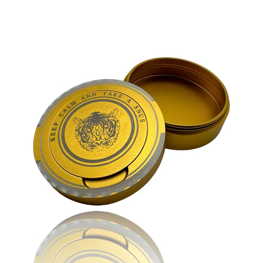 Snusdosa i guld aluminium med tiger ''keep calm'' gåva snus