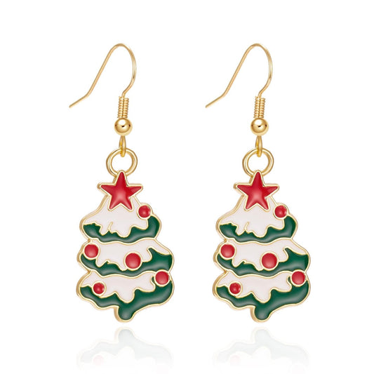 Stylish earrings Christmas tree with snow red balls and stars