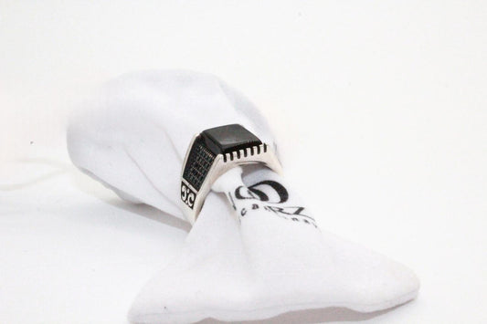 Sterling silver ring svart kvadrat sten orientaliskt mönster klackring för män