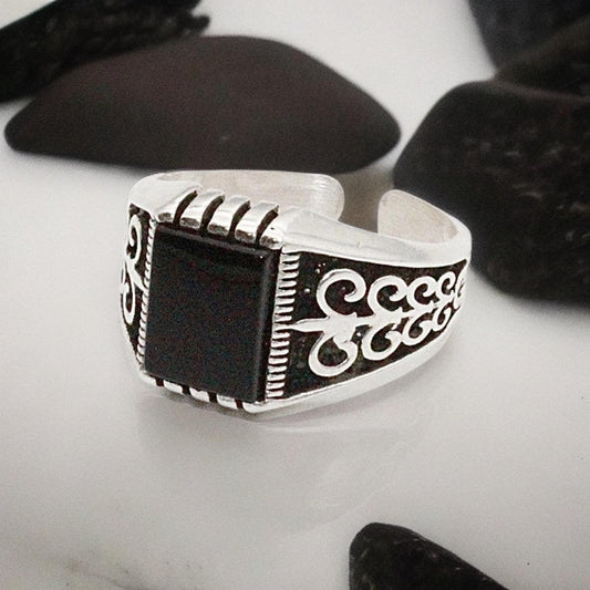 Sterling silver ring svart sten orientaliskt mönster klackring för män