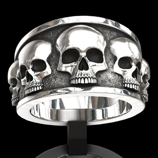 Large ring with skull skeleton black white rock punk