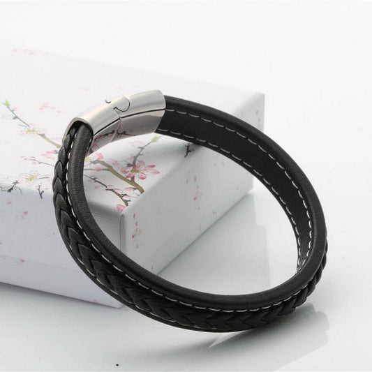 Black bracelet in genuine leather & stainless steel handmade